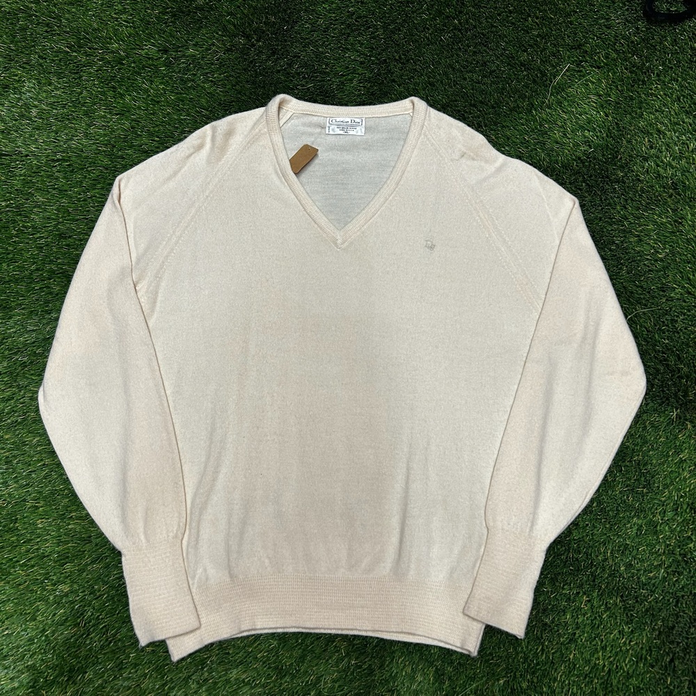 Vintage Christian Dior Acrylic V-Neck Sweater XL Beige USA